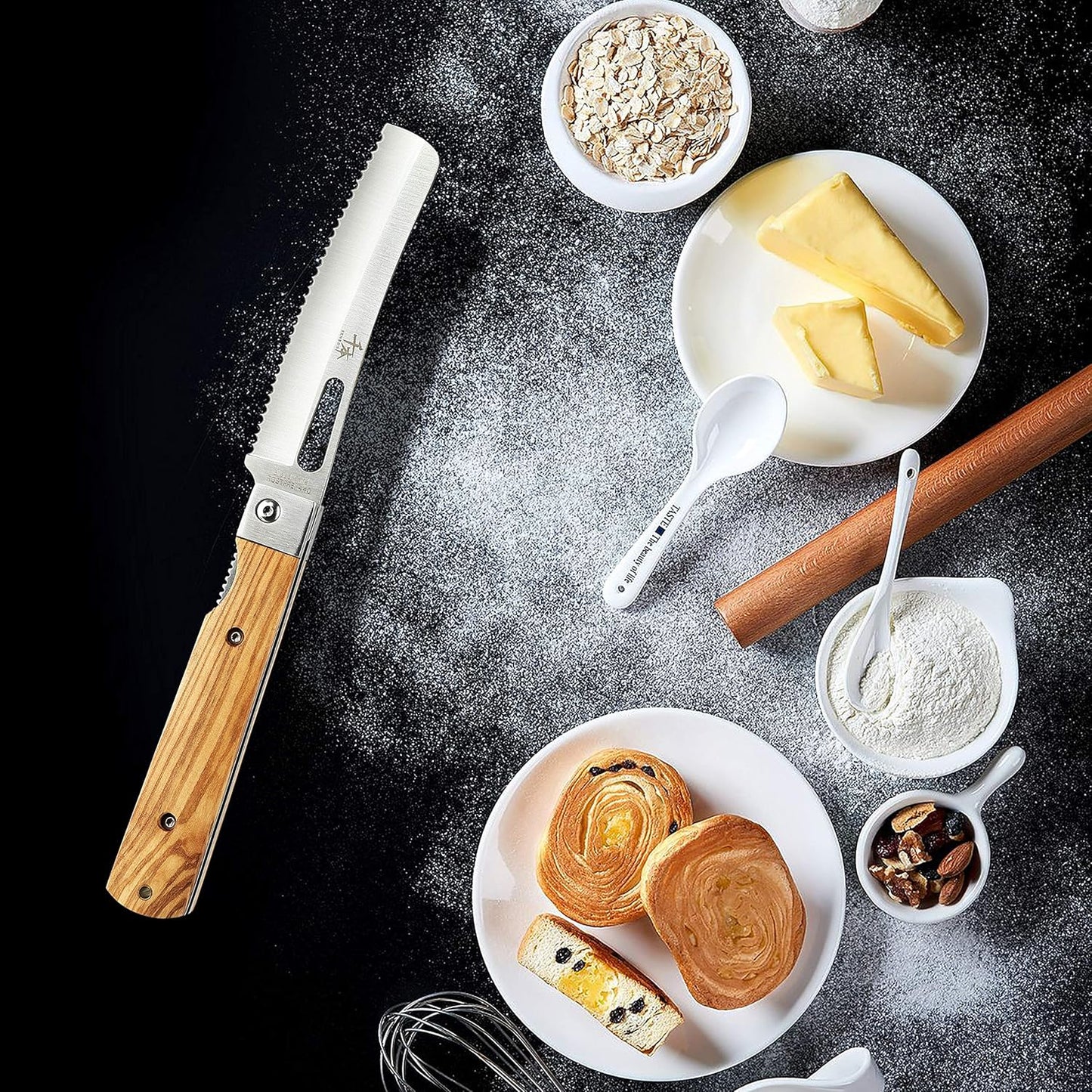 SENBON 440A stainless steel pocket folding Japanese Bread knife Natural Olive Handle Camping trip Outdoor Portable Serrated knife