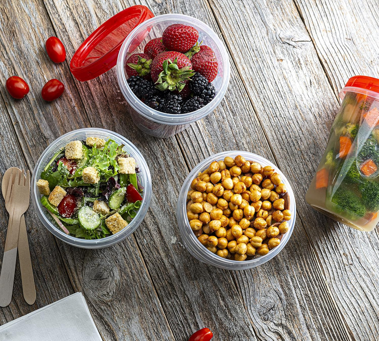 (32 Ounce 10 Pack) Twist cap Containers Clear Bottom With Red Top Screw on Lids Twist Top Food Storage Freezer Containers